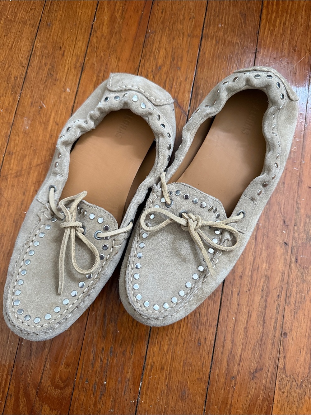 Womenโs Alohas Suede Studded Moccasin Loafers in Light Taupe